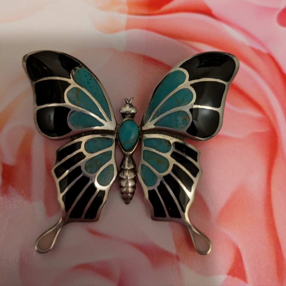 Gorgeous Large Sterling Silver Turquoise & Onyx Statement Butterfly Pendant.